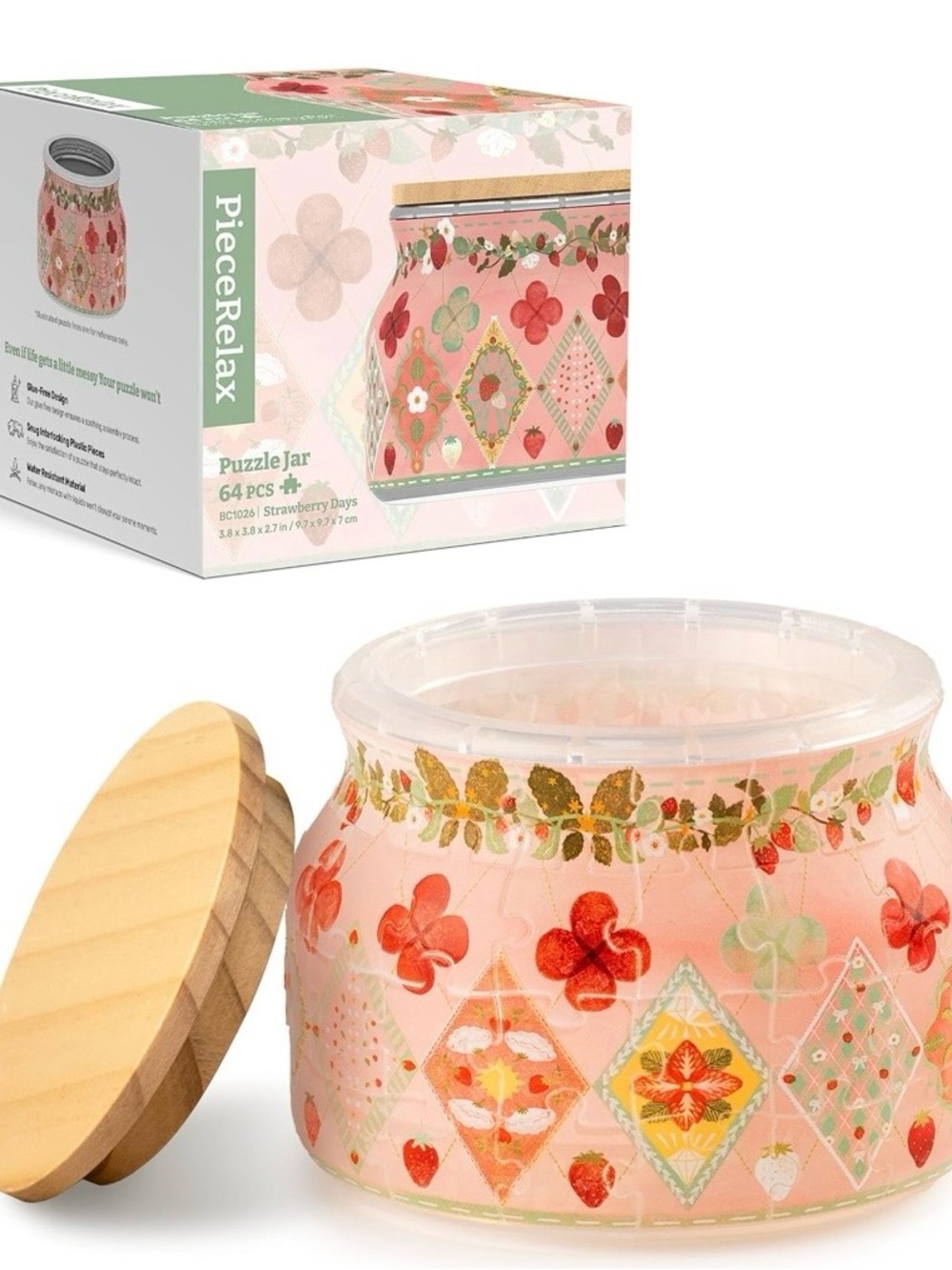 PieceRelax • Strawberry Days • 64 Piece Puzzle • Jar with Wooden Lid
